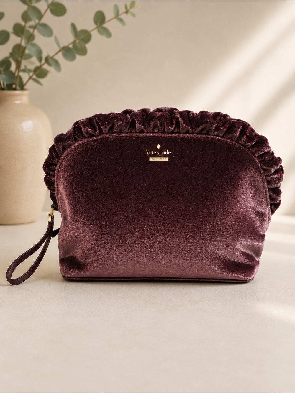 kate spade Velvet Ruffle Cosmetic Pouch in Plum Burgundy
